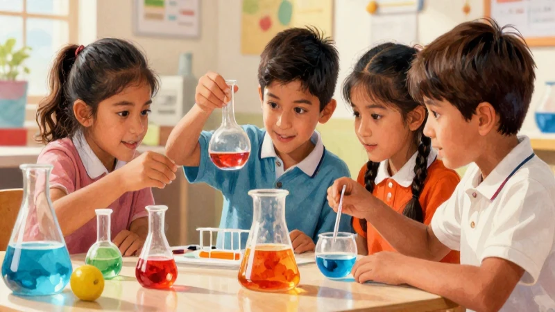 Alumnos observan experimento científico colorido y vibrante