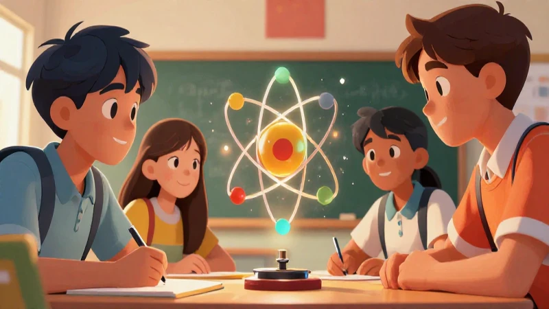 Estudiantes observan átomo flotante en ilustración vibrante