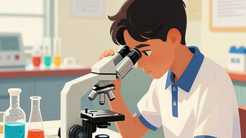 Estudiante mexicano estudia ciencia con microscopio