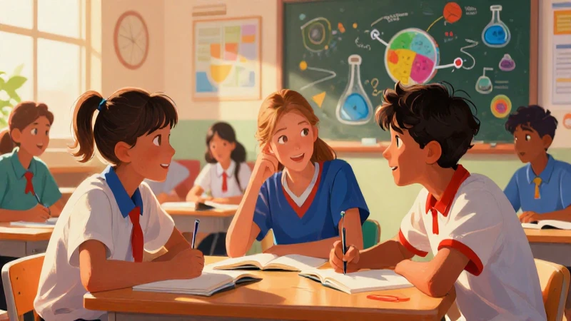 Aula juvenil vibrante, ciencia y luz cálida
