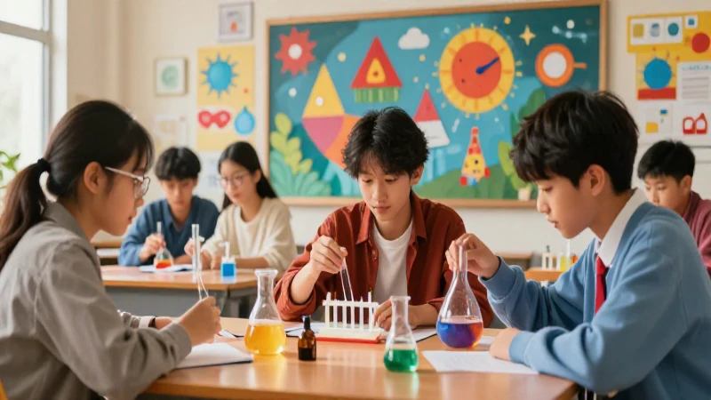Aula científica vibrante con estudiantes experimentando