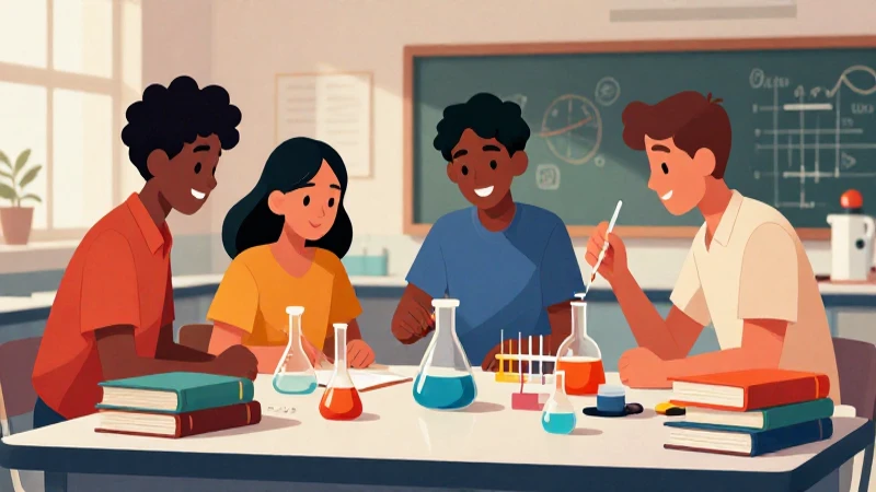 Estudiantes colaboran en laboratorio con libros coloridos