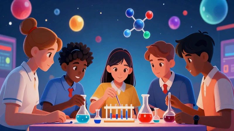 Ilustración vibrante: estudiantes colaborando en ciencia