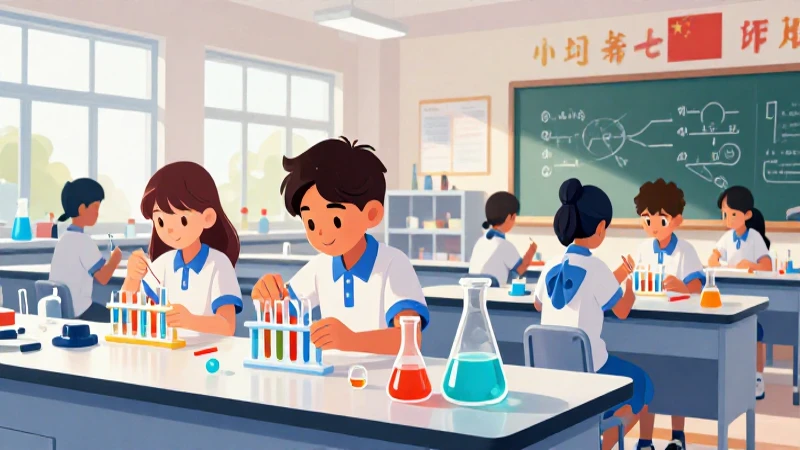 Laboratorio escolar vibrante con experimento científico