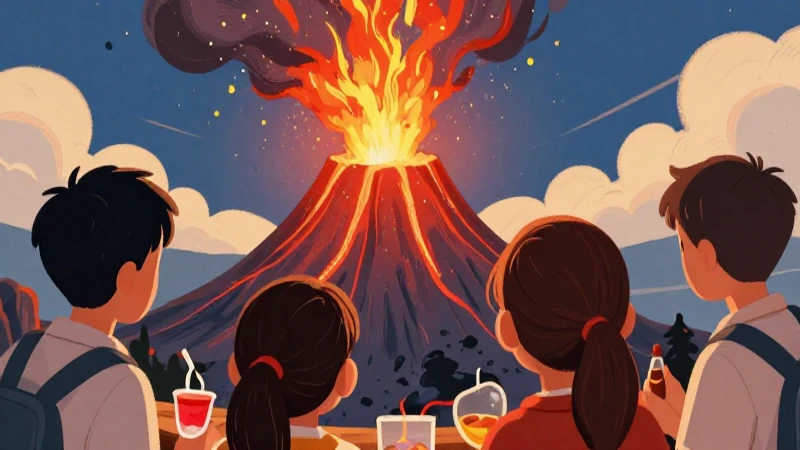 Ilustración científica vibrante de una erupción volcánica