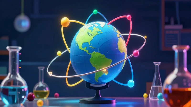Ilustración vibrante y estilizada sobre átomos orbitando el mundo