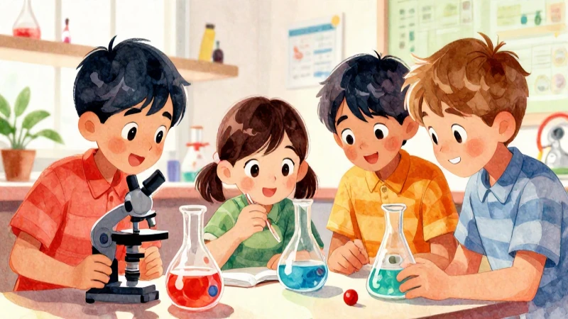 Ilustración vibrante muestra niños aprendiendo ciencia