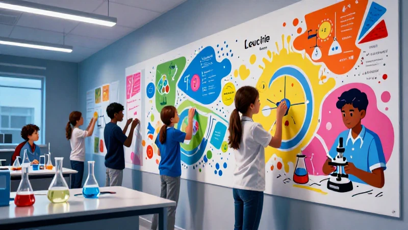 Aula científica vibrante, llena de exploración