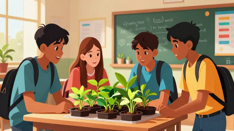 Jóvenes exploran plantas en aula colorida