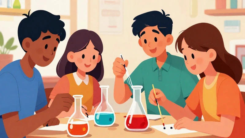 Ilustración vibrante muestra una clase aprendiendo ciencia