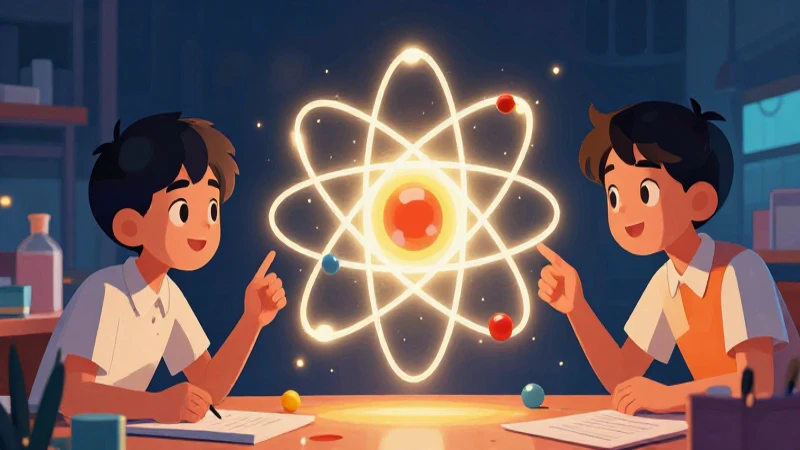 Ilustración vibrante muestra átomos y curiosos estudiantes