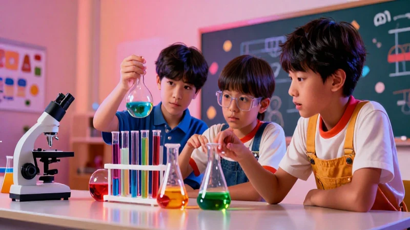 Alumnos observan un experimento científico vibrante