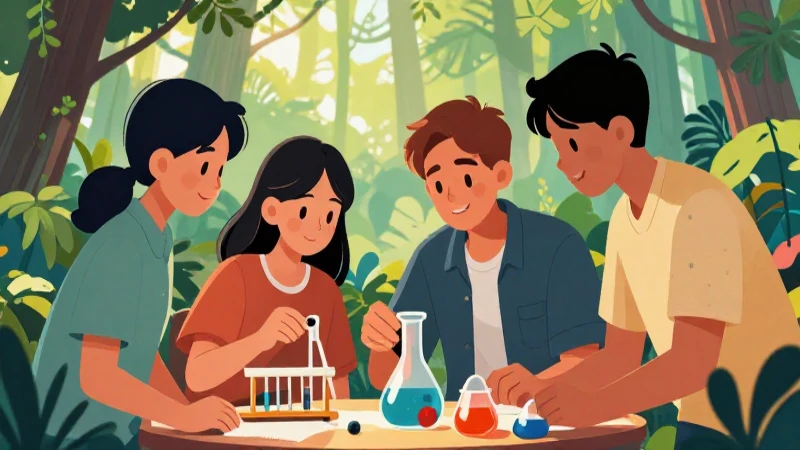 Ilustración vibrante: estudiantes colaborando en ciencias