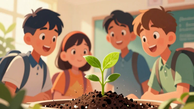 Ilustración llamativa muestra estudiantes observando una planta