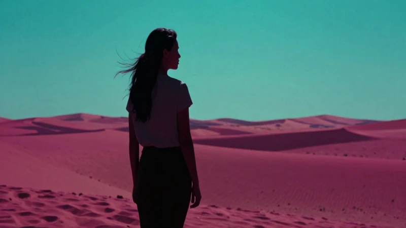 Silueta femenina en desierto, luz dramática y colores intensos