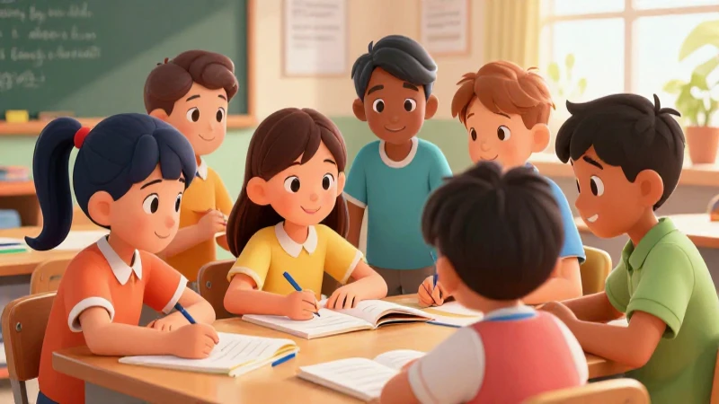 Ilustración vibrante de niños aprendiendo juntos