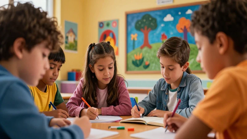 Niños aprenden juntos en clase colorida