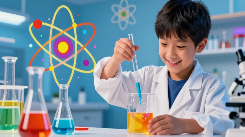 Niño científico sonríe mezclando líquidos coloridos