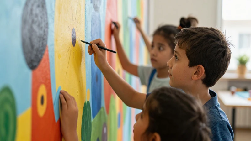 Niños pintan mural con colores cálidos y nítidos