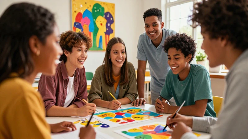 Estudiantes diversos resuelven problemas con arte vibrante