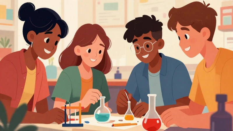 Ilustración vibrante: jóvenes colaborando en ciencia