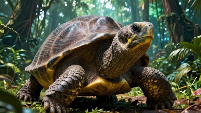 Tortuga prehistórica gigante en exuberante selva