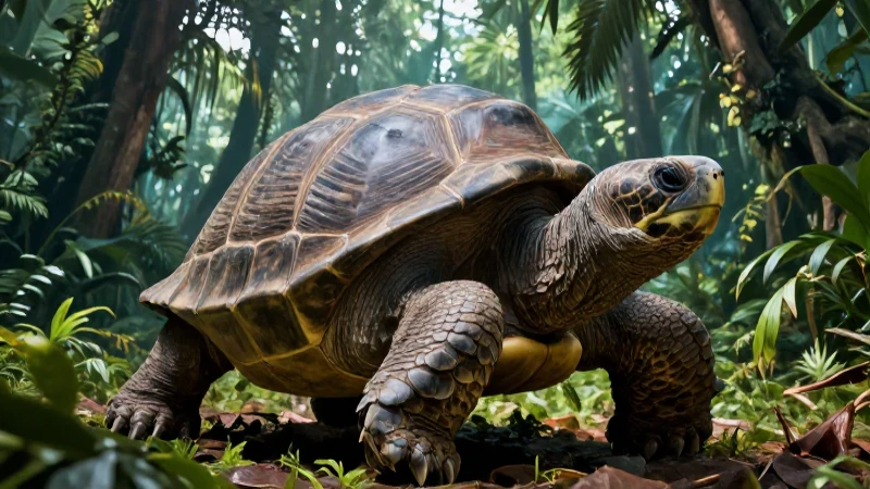 Tortuga prehistórica gigante en selva exuberante