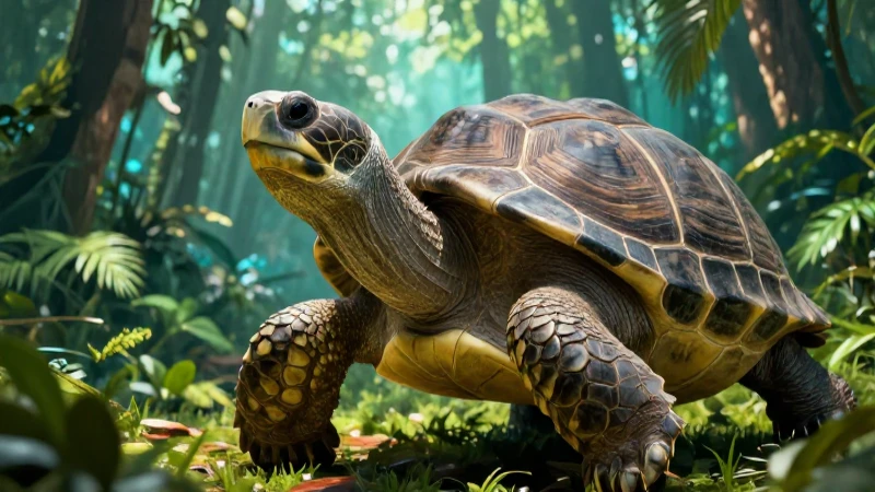 Tortuga prehistórica en selva, ilustración educativa