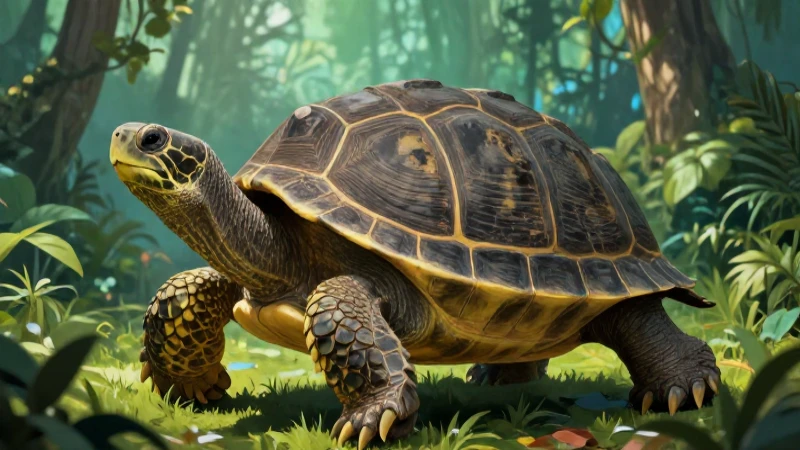 Tortuga prehistórica imponente en selva exuberante
