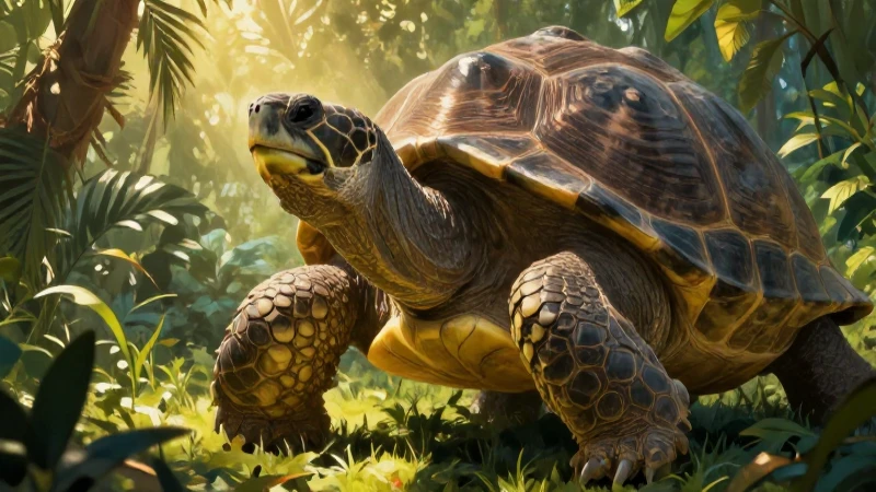 Tortuga prehistórica en jungla, arte académico vibrante