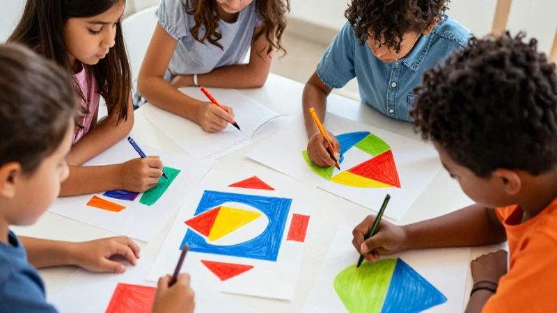 Niños colaboran en dibujo geométrico colorido