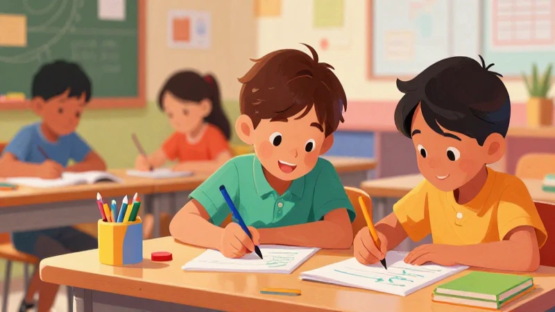Trazos y números Segundo grado de Primaria (2025-2026) 23 Niños aprenden caligrafía en vibrante ilustración educativa
