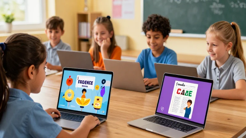 Niños aprenden digitalmente con alegre ilustración