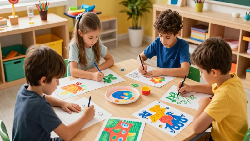 Niños dibujan creativamente en un aula vibrante