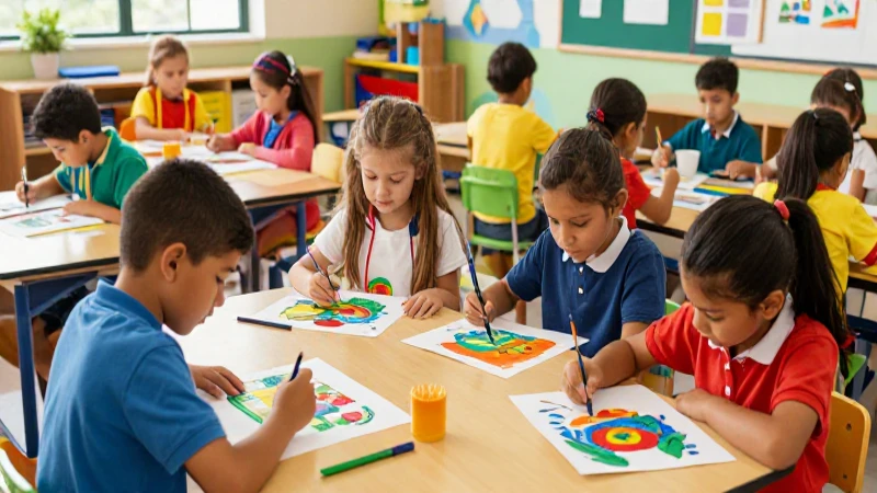 Niños diversos pintan ilustraciones coloridas en clase
