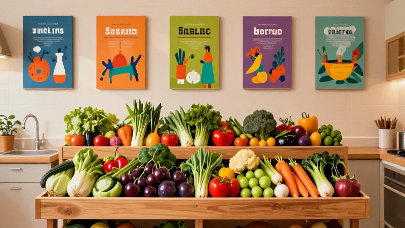 Transforma tu Cocina: Secretos de un Libro Sin Recetas 12 Cocina colorida e ilustrada con vegetales frescos