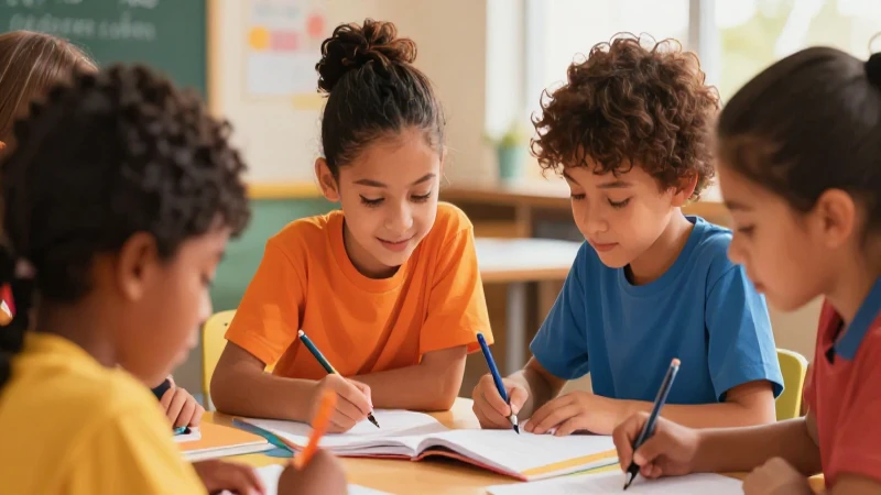 Niños diversos aprenden juntos en ilustración didáctica
