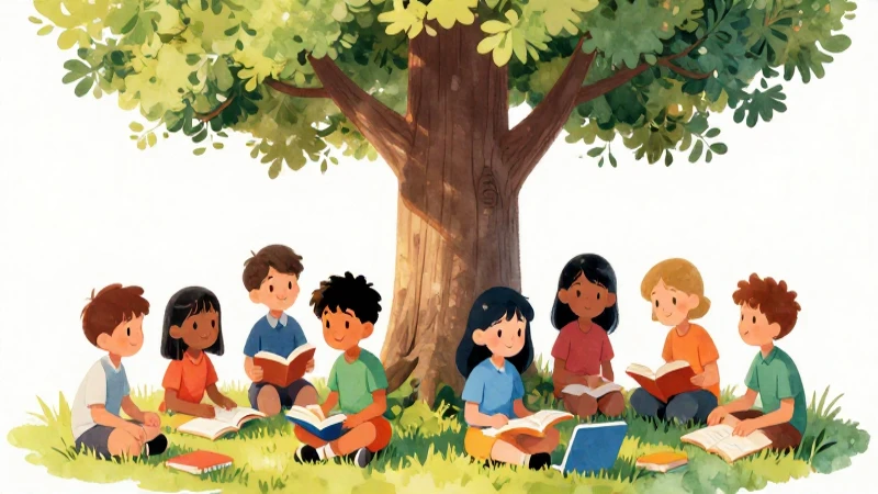 Ilustración vibrante de niños aprendiendo juntos