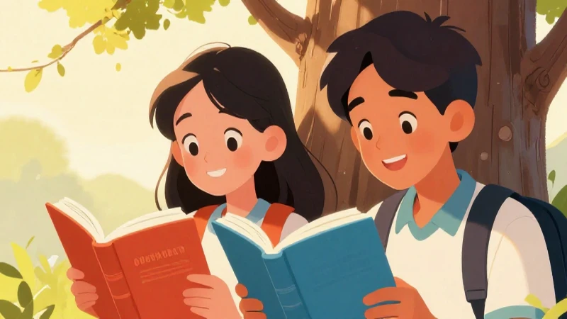 Ilustración vibrante muestra estudiantes leyendo bajo un árbol