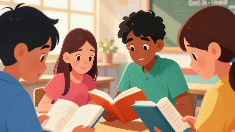 Estudiantes diversos leen juntos con vibrantes colores