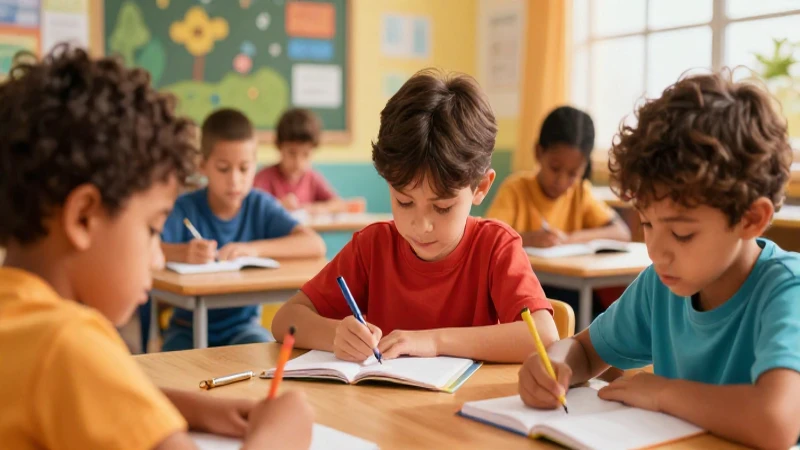 Niños aprenden en aula con ilustración vibrante