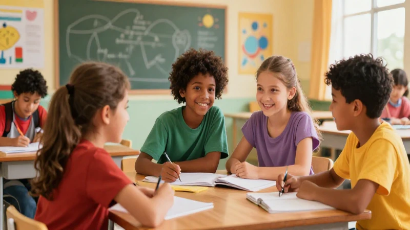 Estudiantes diversos colaboran alegremente en clase