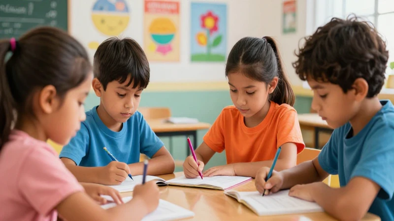 Niños diversos aprenden en aula colorida