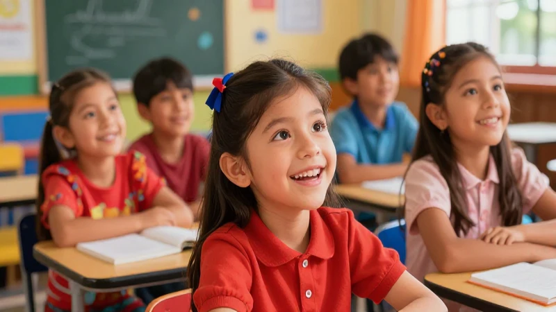 Niños sonriendo en dibujo colorido y cálido