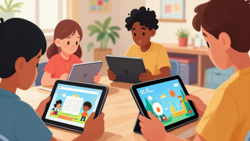Ilustración vibrante muestra niños aprendiendo digitalmente