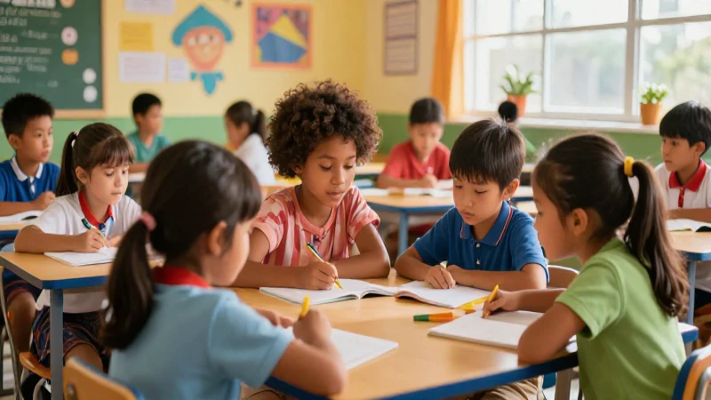 Ilustración escolar vibrante con niños diversos aprendiendo