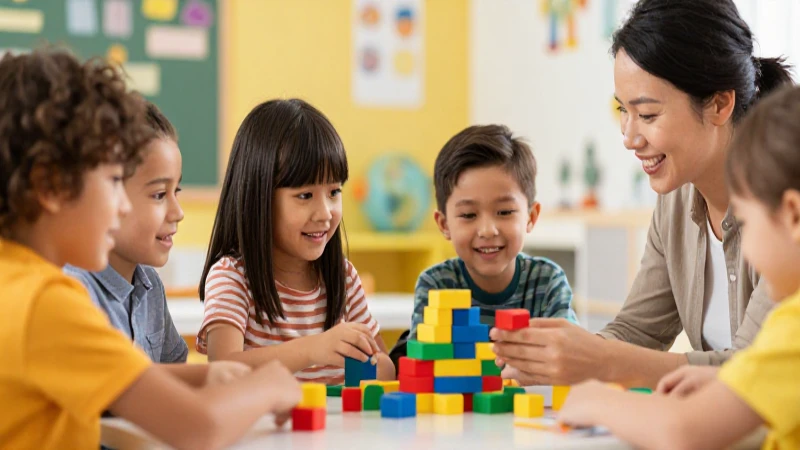 Niños aprenden felices con bloques coloridos