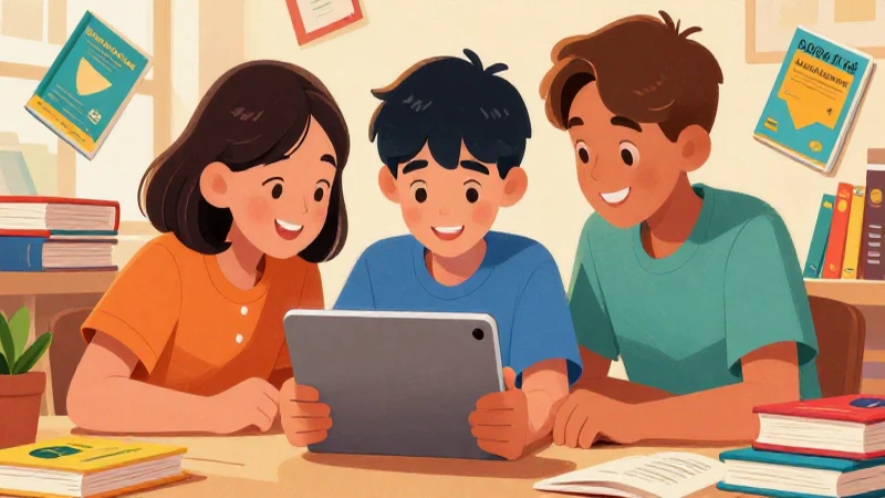 Ilustración vibrante muestra estudiantes aprendiendo con tabletas