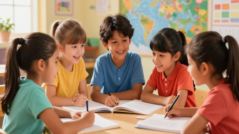 Ilustración vibrante y didáctica sobre niños aprendiendo