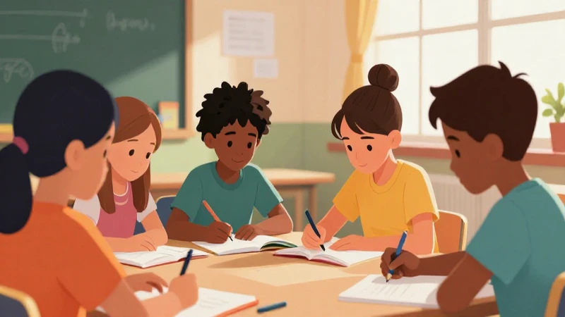 Aula llena de niños aprendiendo colorida y estilizada
